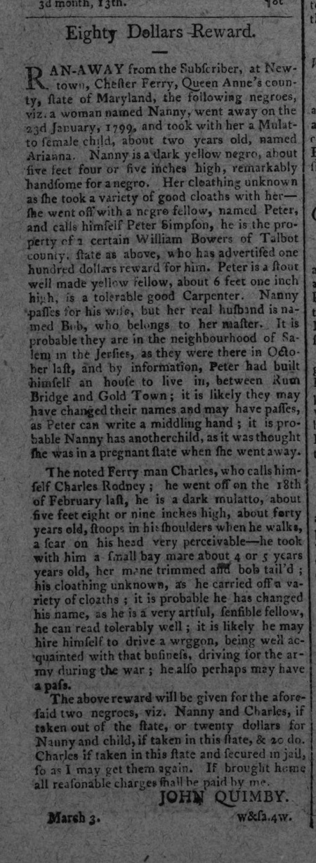 March 1800 Queen Anne's County, Maryland advertisement to recover a fugitive slave family.